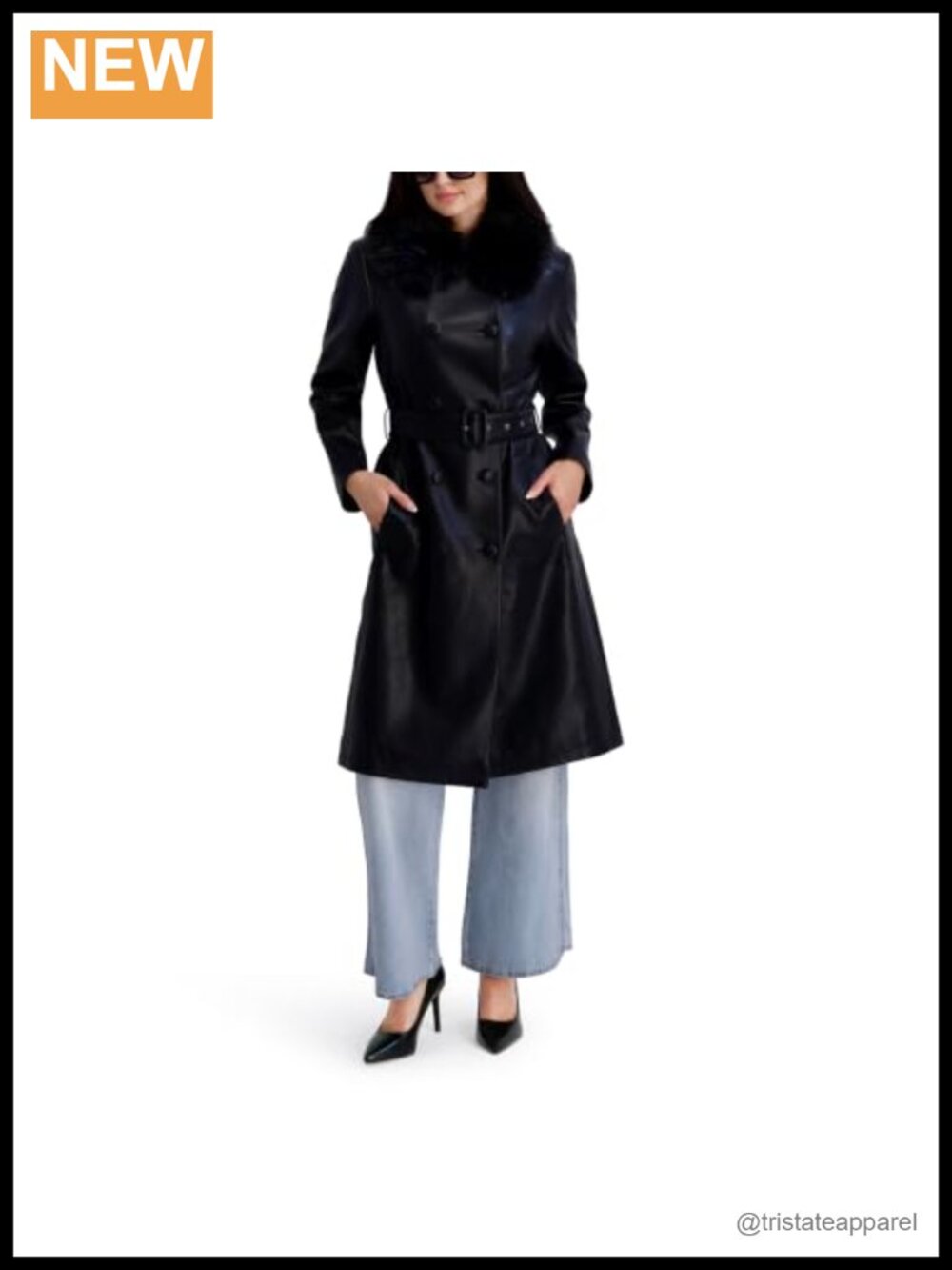 Faux Leather Belted Trench Coat with Removable Faux Fur Collar